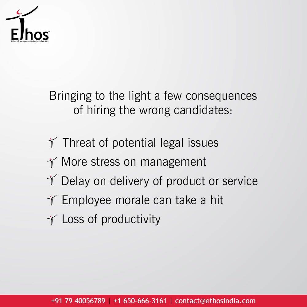 Bringing to the light a few consequences of hiring the wrong candidates:

1. Threat of potential legal issues 
2. More stress on management
3. Delay on delivery of product or service
4. Employee morale can take a hit
5. Loss of productivity

Break through the consequences of wrong hiring with the reliable & effective Psychometric Testing.

#PsychometricTest #PsychometricTesting #CareerCounselling #OurServices #CareerOpportunity #EthosIndia #Ahmedabad #EthosHR #Ethos #HR #Recruitment #CareerGuide #India